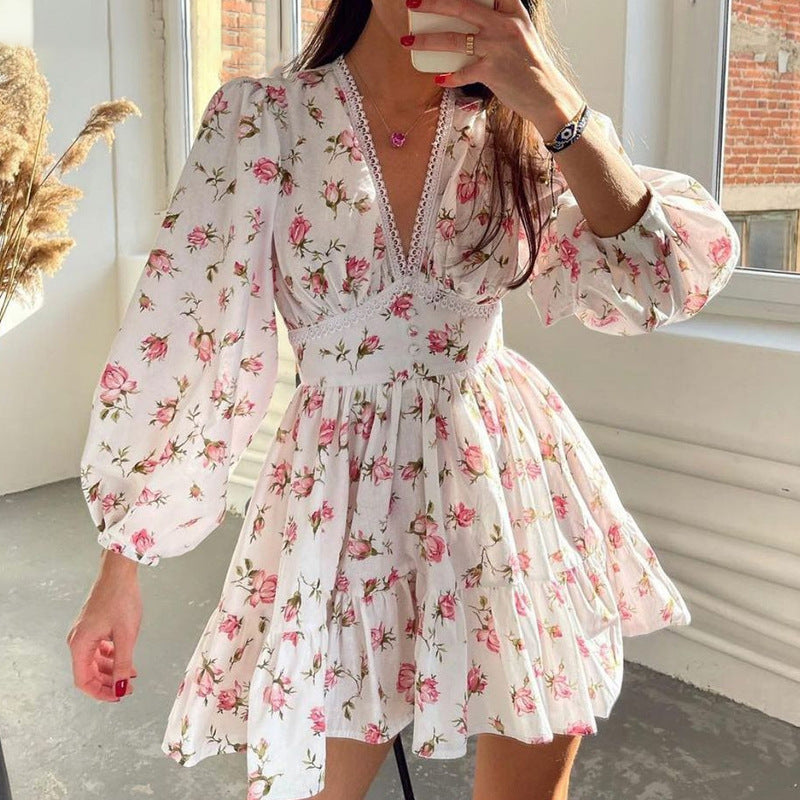 Lace Trim Floral Puff Sleeve Mini Dress