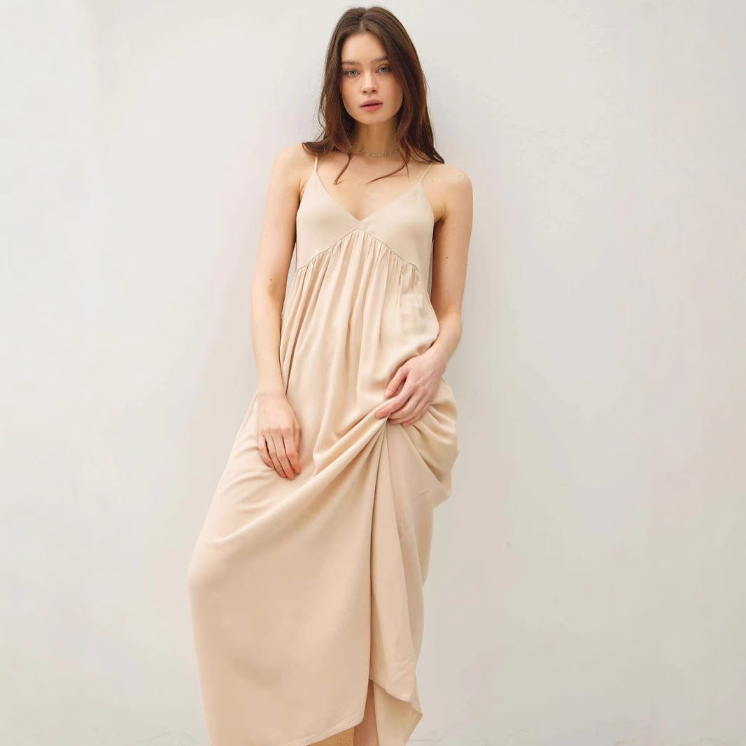Flowy Pleated Cotton A-Line Maxi Dress