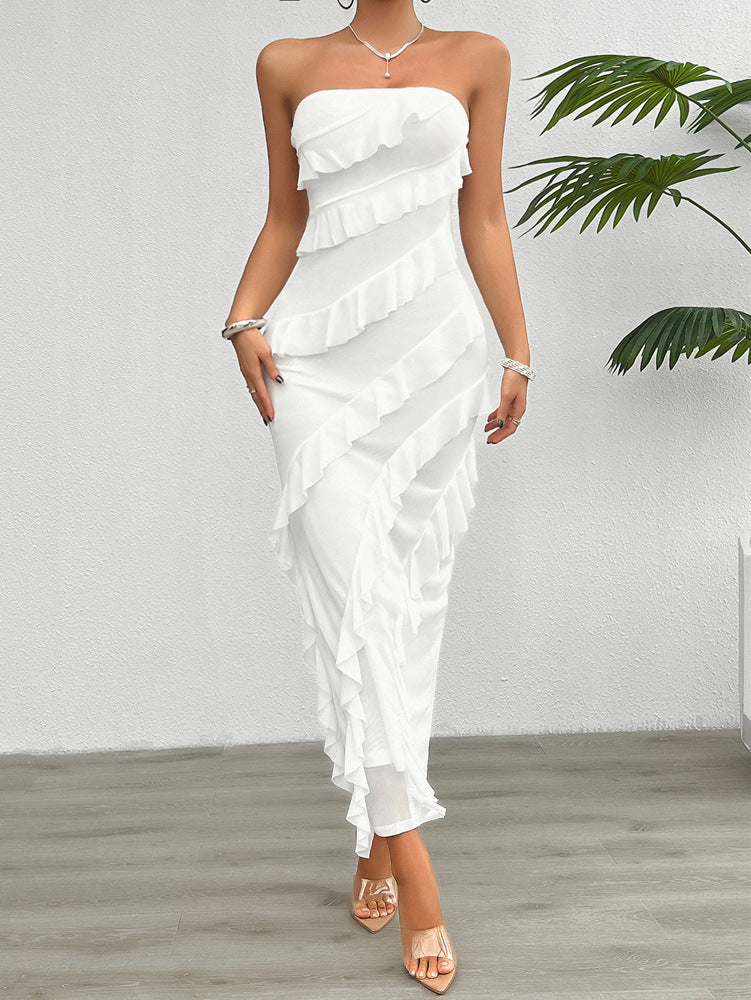 Women’s Strapless Dress – Bodycon Fit – Full Length – Asymmetrical Ruffle Design