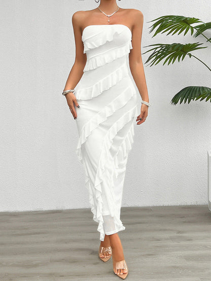 Women’s Strapless Dress – Bodycon Fit – Full Length – Asymmetrical Ruffle Design