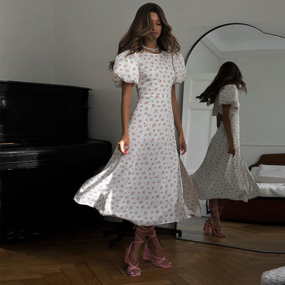 Women's Round Neck Floral Dress - Puff Sleeves - Backless - High Slit