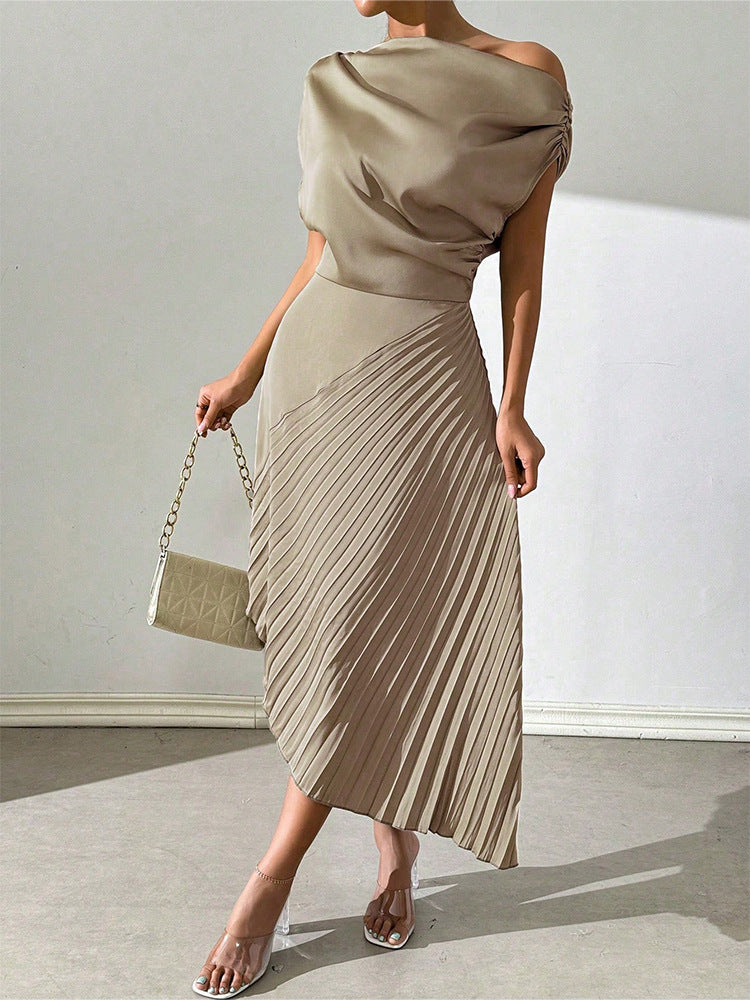 Asymmetrical Pleated One Shoulder Midi Dress