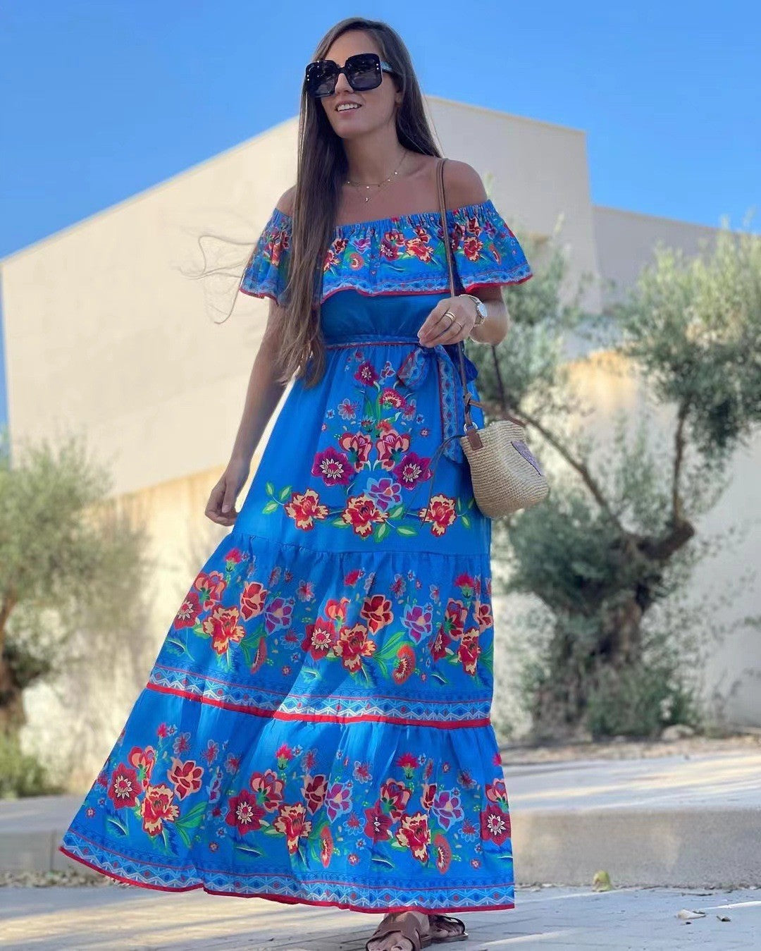 Women’s Maxi Dress – Off-Shoulder Ruffle Top – Floral Print – Belted Cotton Blend