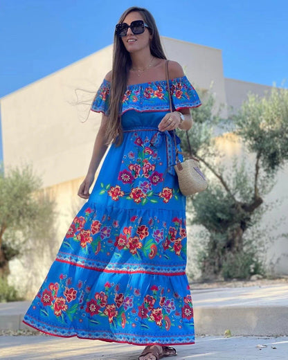 Women’s Maxi Dress – Off-Shoulder Ruffle Top – Floral Print – Belted Cotton Blend