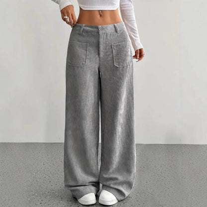 Women’s Pants - Corduroy - High Waist - Wide Leg - Front Patch Pockets