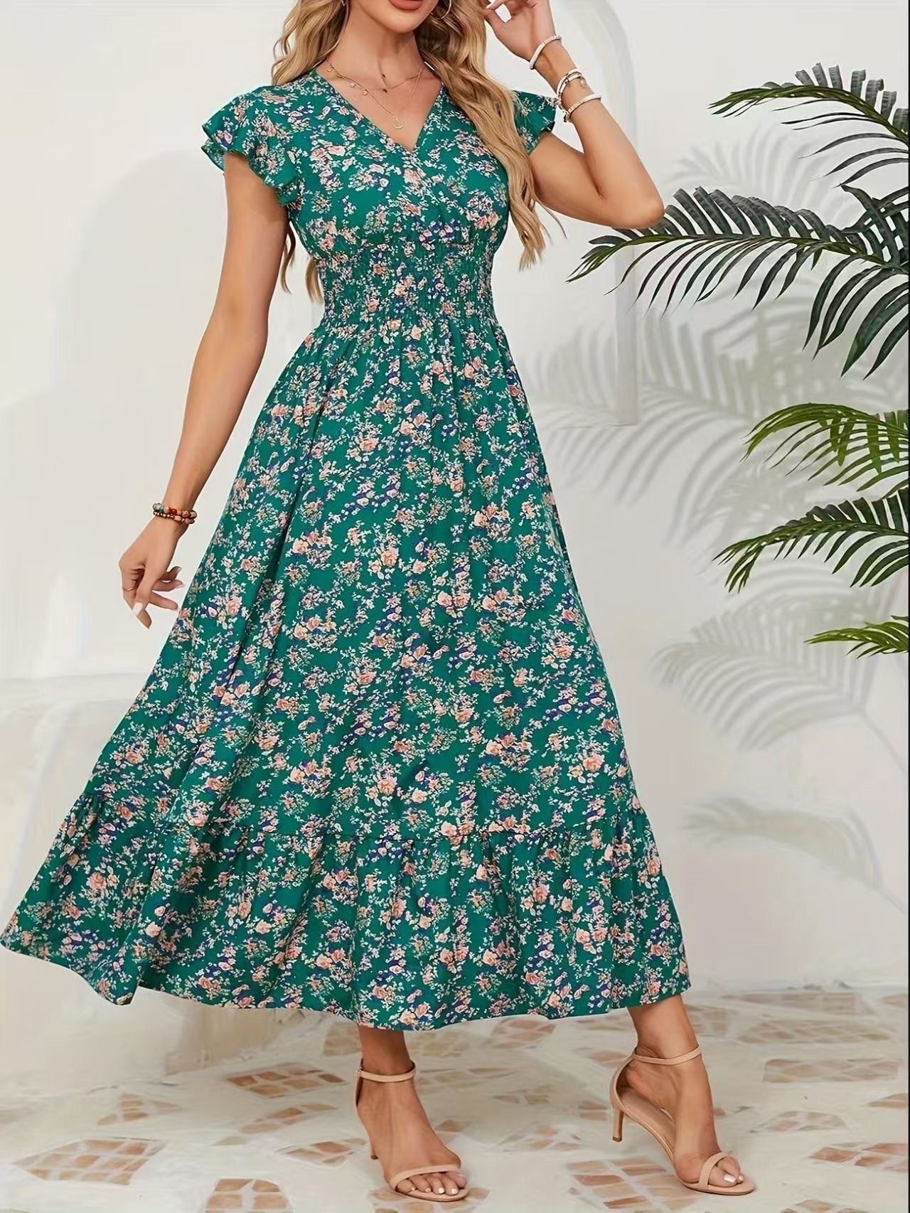 Women's Maxi Dress - Floral Print - V Neck - Ruffle Sleeves - Elegant Flowy Style
