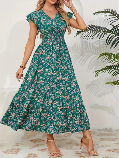 Women's Maxi Dress - Floral Print - V Neck - Ruffle Sleeves - Elegant Flowy Style