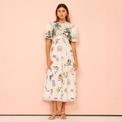 Women’s A-Line Dress – Full Length – Puff Sleeve – Cotton Blend – Artistic Print