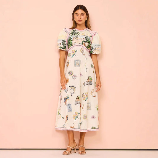 Artistic Print Cotton Blend A-Line Dress