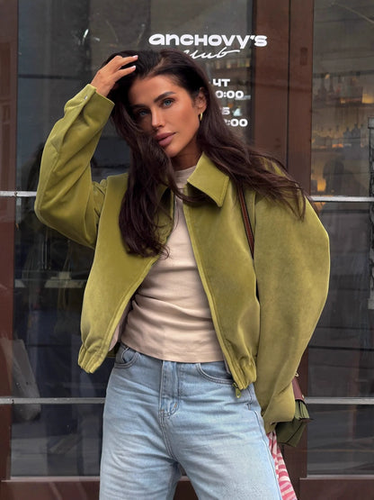 Women’s Jacket – Oversized Fit – Plush Texture – Lapel Collar – Zipper Front – Elastic Hem