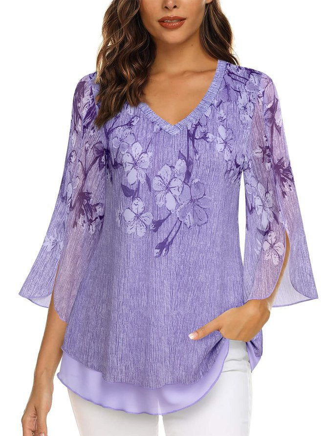 Women’s Blouse – Flowing Fit – V-Neck – Floral Print – Flared 3/4 Sleeves – Breathable Blend