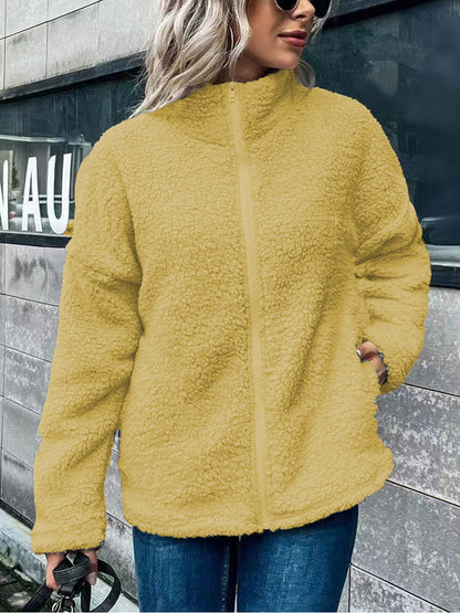 Women’s Fleece Jacket – Oversized Fit – Plush Texture – Stand Collar – Zip Front