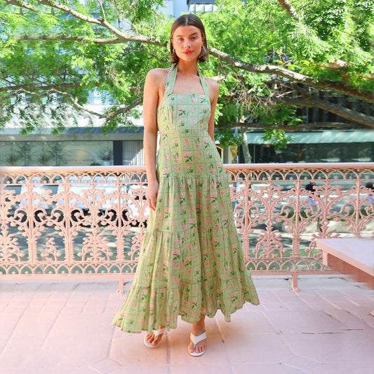 Smocked Cotton A-Line Halter Maxi Dress