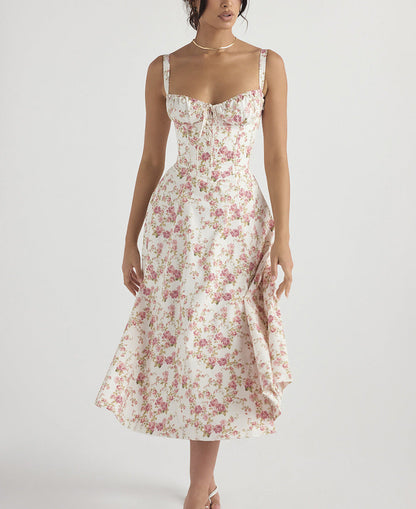 Women’s Midi Dress – Sleeveless A-Line – Tie Front – Floral Print – Breathable Fabric