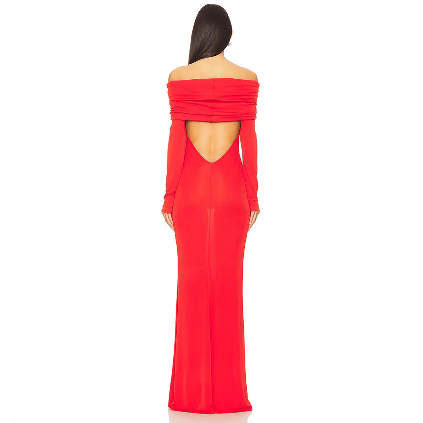 Women’s Evening Dress – Slim Fit – Off-Shoulder – Draped Neckline – Long Sleeve – Satin Feel