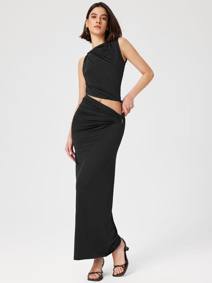 Women's Set – Sleeveless Crop Top – Asymmetrical Design – Cut-Out Waist – Maxi Skirt