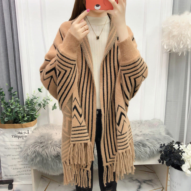 Women's mid-length faux mink fringe batwing knitted cardigan