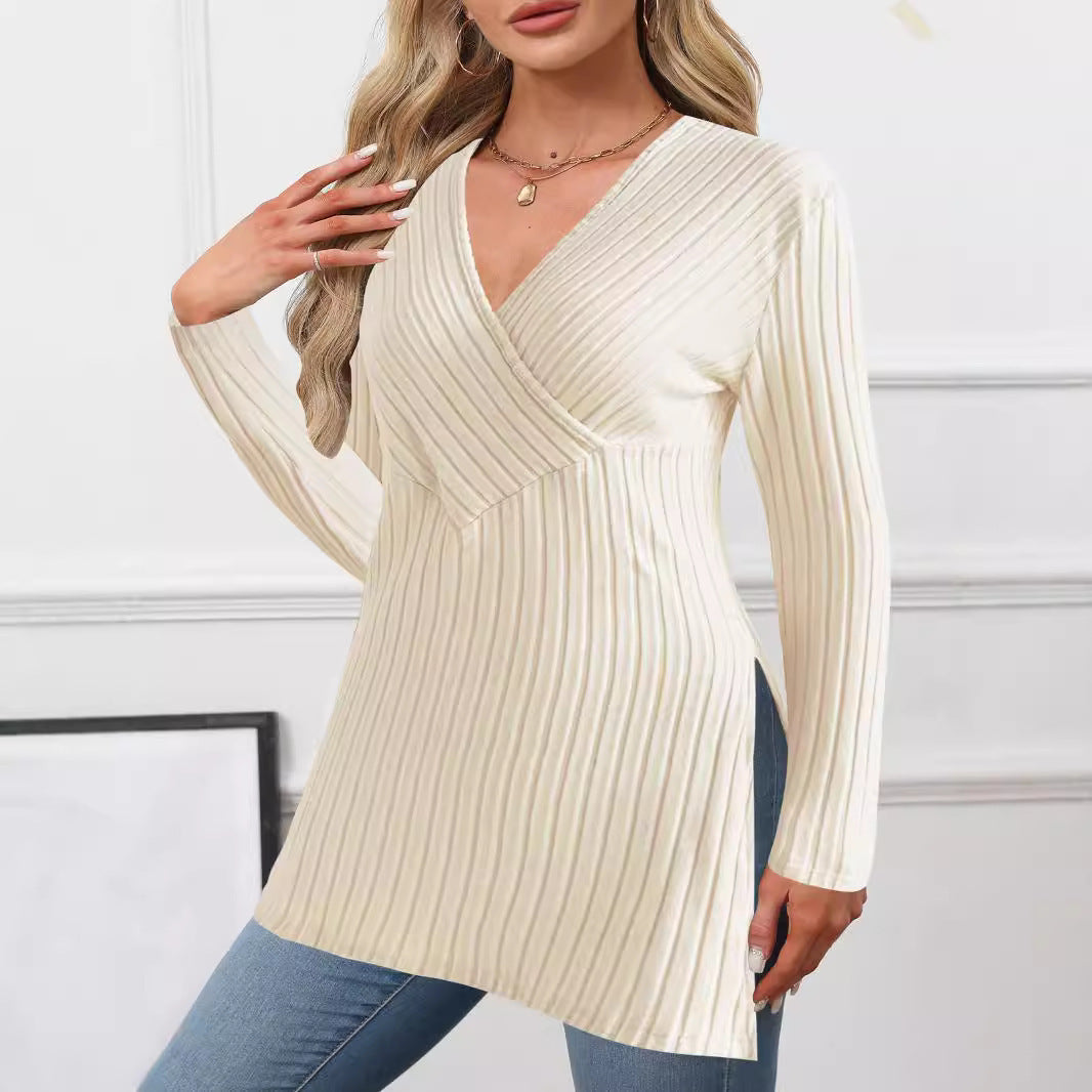 Solid color v-neck striped split-side t-shirt for women