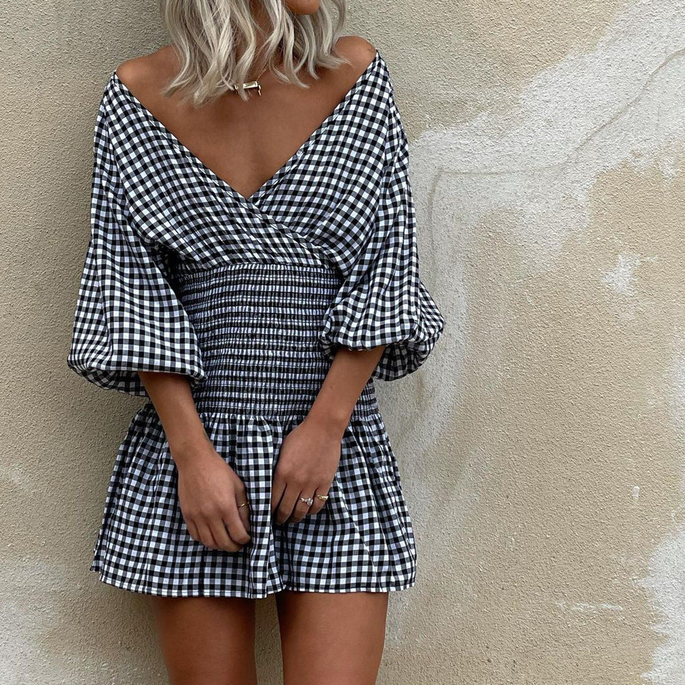 Gingham Puff Sleeve Cotton Blend Mini Dress