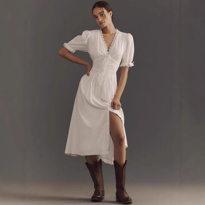 Women’s Midi Dress – Cotton Blend – Puff Sleeve – Lace V-Neck – A-Line Fit