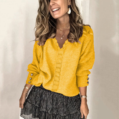 Women’s Knitted Pullover – Relaxed Fit – Ribbed Texture – V-Neck – Button Sleeve Detail