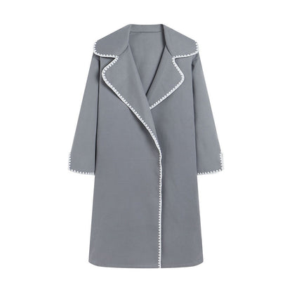 Women’s Windbreaker Jacket – Wool Fabric – Oversized Fit – Lapel – Shell Embroidery