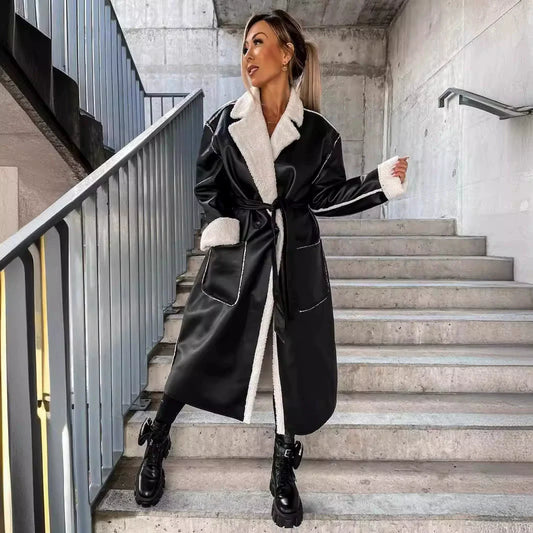Faux Leather Oversized Tie Waist Long Coat 