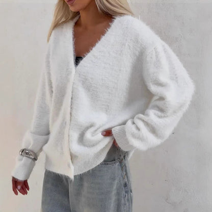 Women’s Cardigan – Oversized Fit – Fluffy Knit – Button Front – V-Neck Layering Piece
