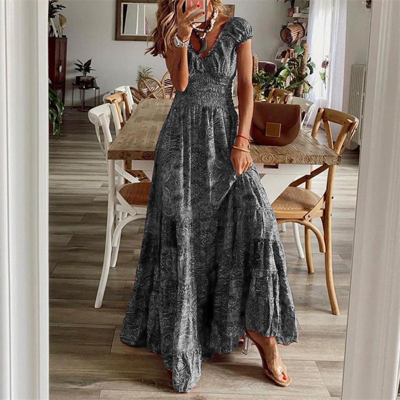 Women’s Maxi Dress – V-Neck – Smocked Bodice – Tiered Skirt – Lightweight Cotton