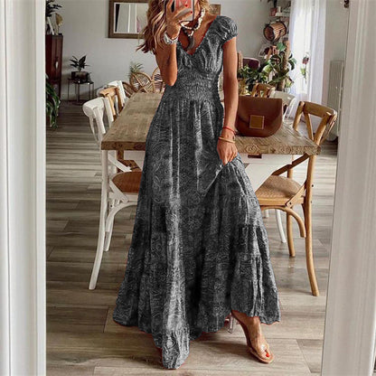 Women’s Maxi Dress – V-Neck – Smocked Bodice – Tiered Skirt – Lightweight Cotton