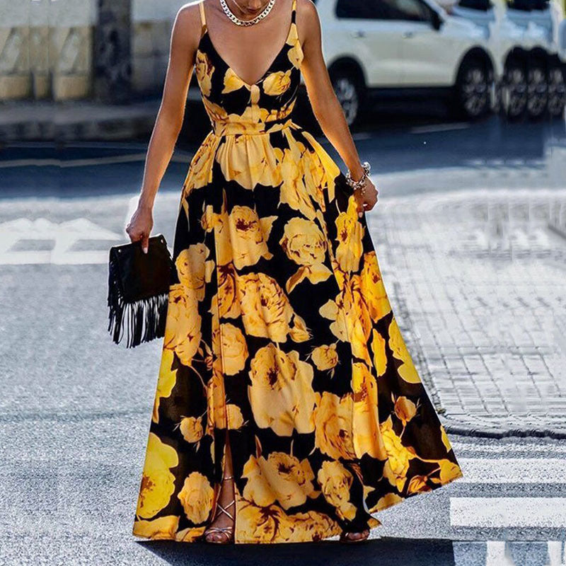 Printed Spaghetti Strap A-Line Maxi Dress