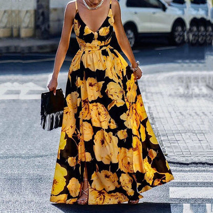 Women’s Maxi Dress – A-Line Fit – Spaghetti Straps – Plunging Neckline – Printed Layers