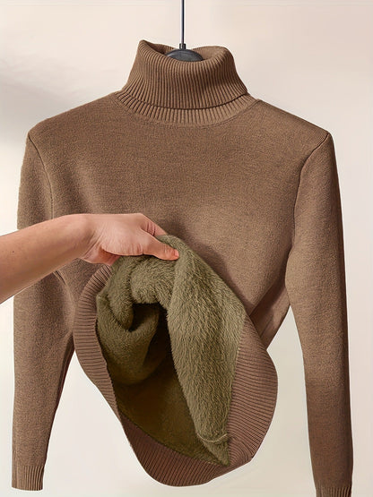 Women’s Pullover Sweatshirt – Slim Fit Knit – Fleece Lined – Ribbed Turtleneck
