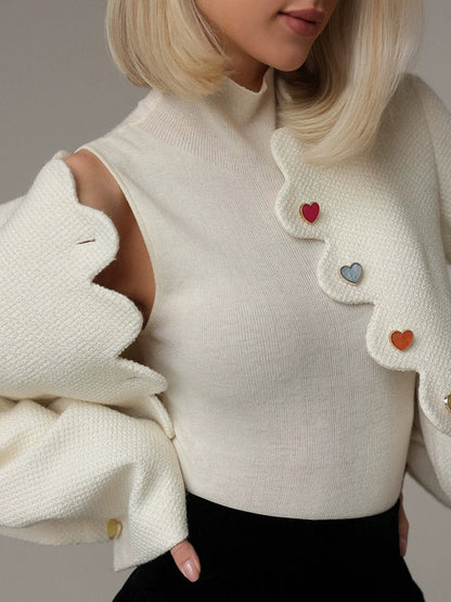 Women’s Cropped Jacket – Structured Fit – Woven Texture – Heart Buttons – Scalloped Edge