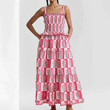 Women’s Sundress – Shirred Bodice – Tiered A-Line – Sleeveless Cotton Blend