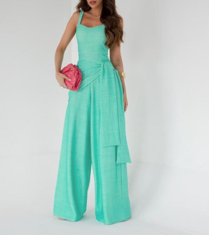 Women’s Jumpsuit – Sleeveless Square Neck – Wide Leg – Adjustable Waist – Linen Blend