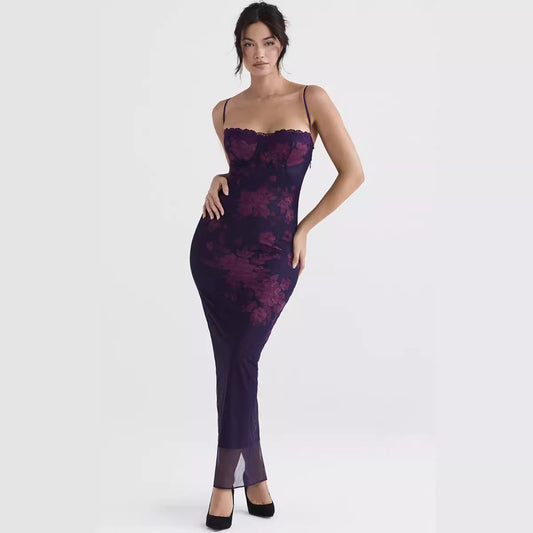 Floral Print Slim Fit Spaghetti Strap Long Dress