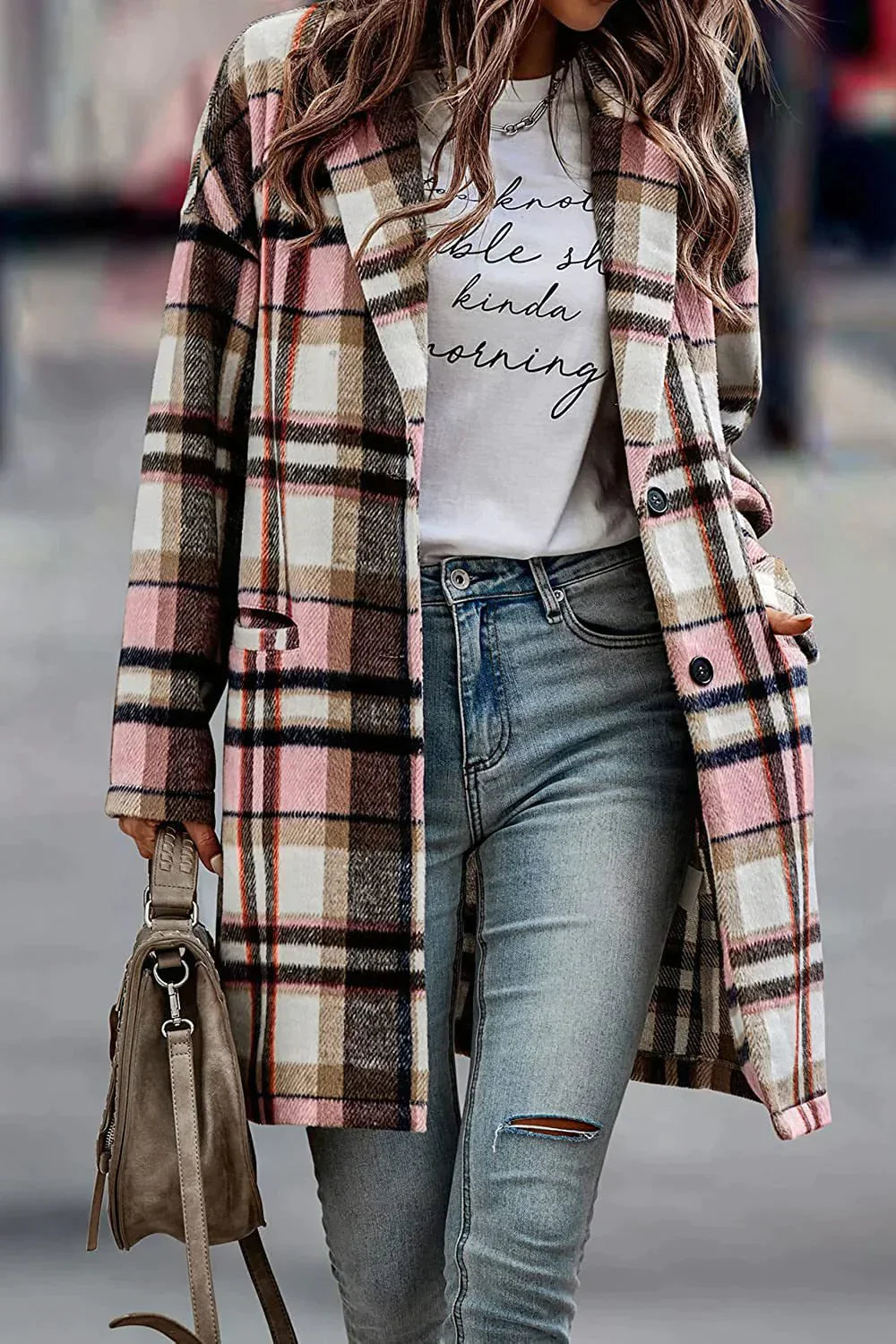 Women's loose fit checked coat with lapel pocket