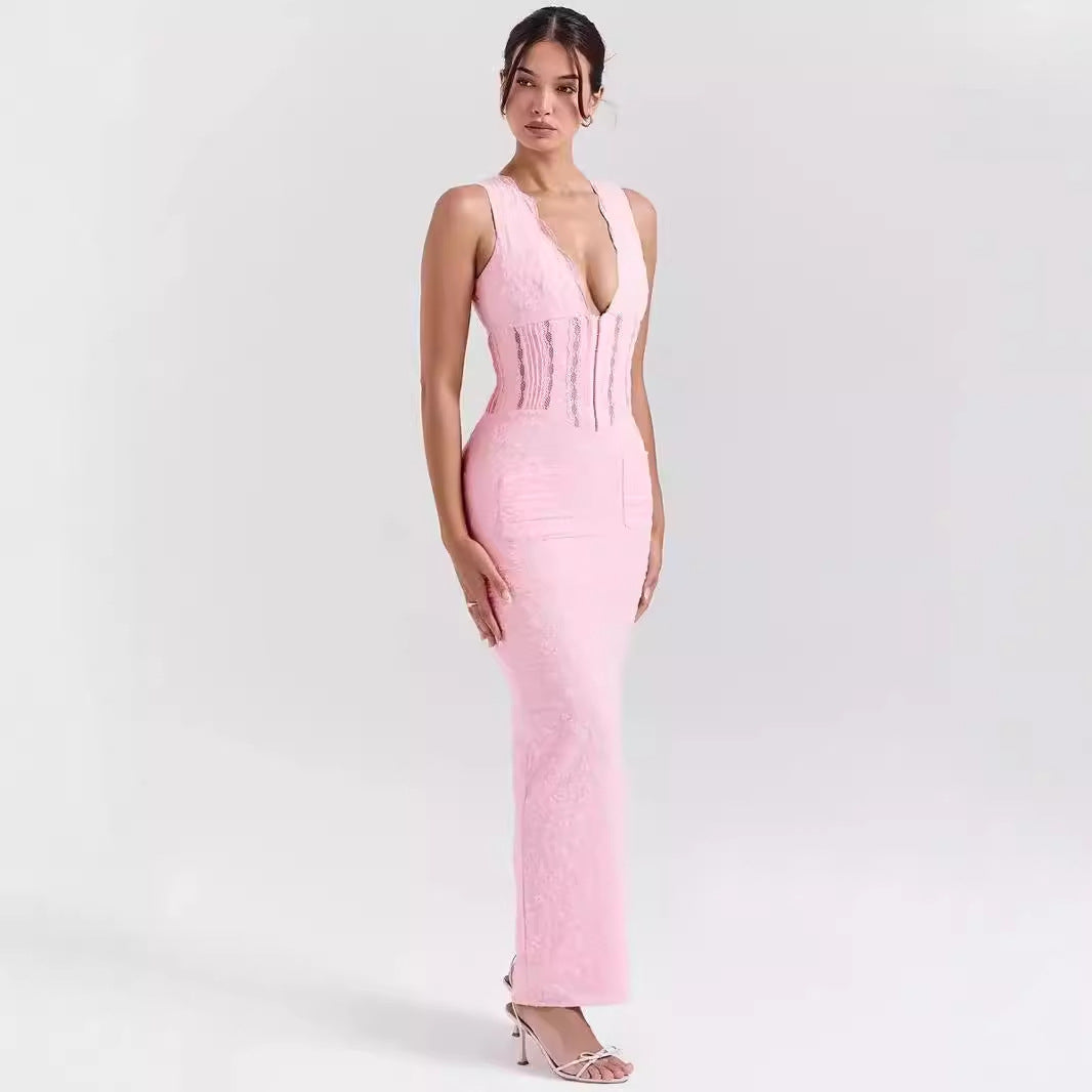 Women’s Lace Dress – Fitted High Waist – Plunging Neckline – Full Length Formal Gown