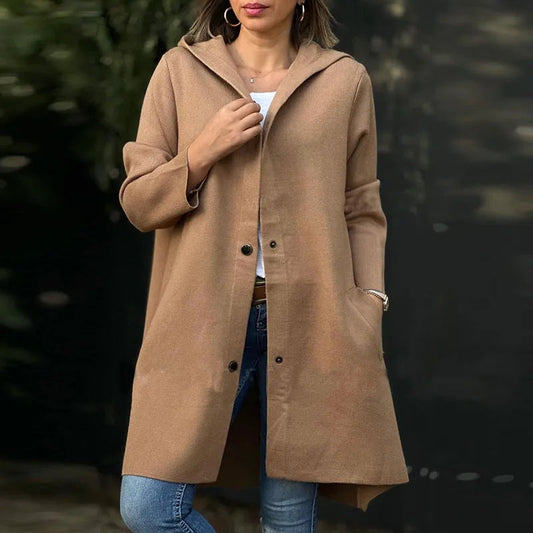 Wool Blend Relaxed Fit Hooded Long Coat 