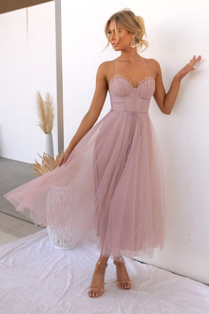 Women’s Evening Dress – Slim Fit A-Line – Mesh Overlay – Spaghetti Straps – Midi Length