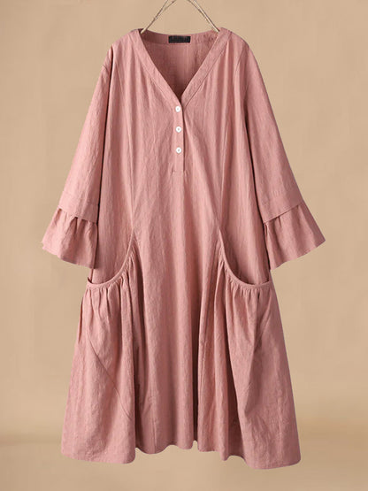 Women’s Midi Dress – Cotton Linen Blend – V-Neck – Flared Sleeves – Relaxed Fit – Pockets