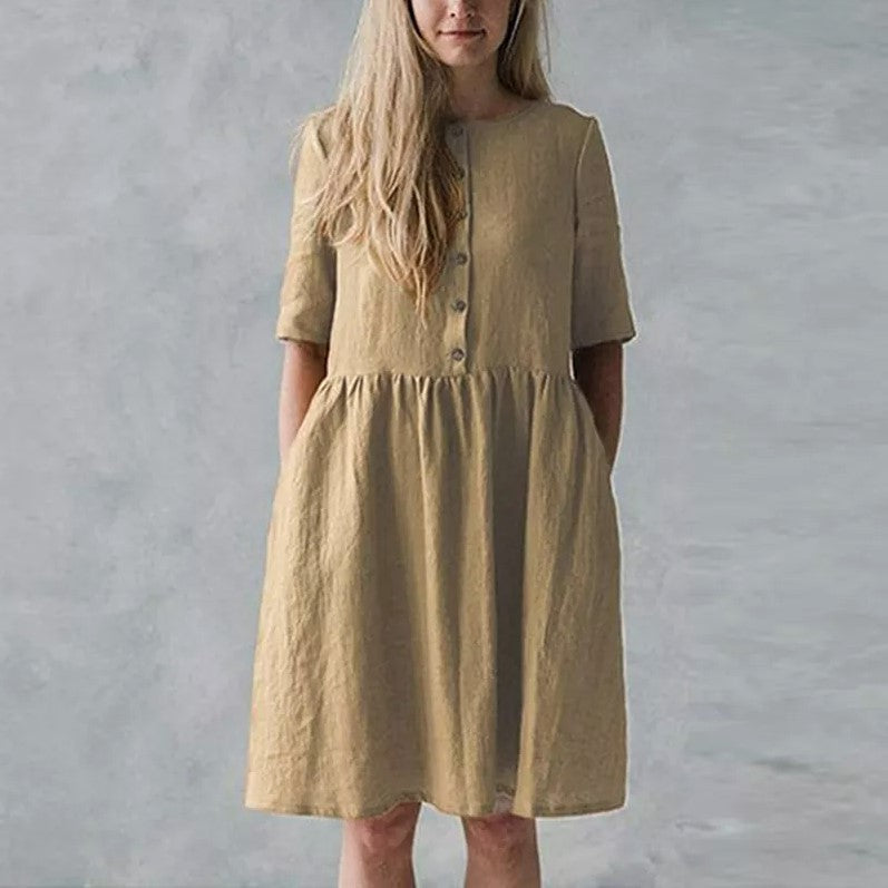 Women’s Midi Dress – Cotton Linen Blend – Relaxed Fit – Button Front with Pockets