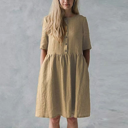 Women’s Midi Dress – Cotton Linen Blend – Relaxed Fit – Button Front with Pockets