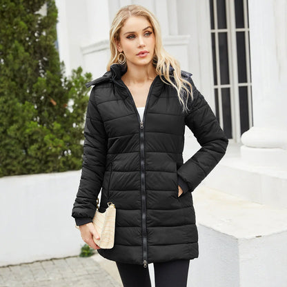 Women’s Puffer Jacket – Quilted Mid-Length Fit – Detachable Hood – Zipper Closure
