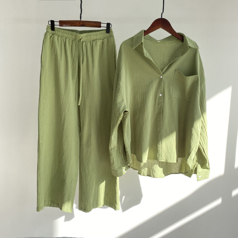 Women’s Loungewear Set - Button-Up Shirt & Wide-Leg Pants - Relaxed Fit Cotton Blend