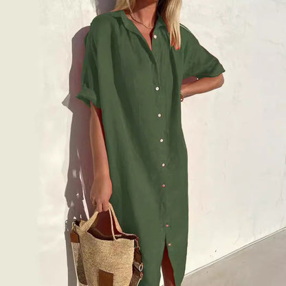Women’s Shirt Dress – Cotton Linen Blend – Relaxed Fit – Midi Length – Button Down
