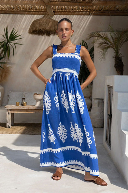 Women’s Sundress – Lightweight Cotton – Ruched Bodice – A-Line Fit – Printed Hem