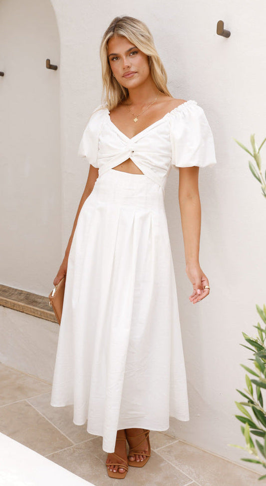 Puff Sleeve Fit and Flare Midi Dress