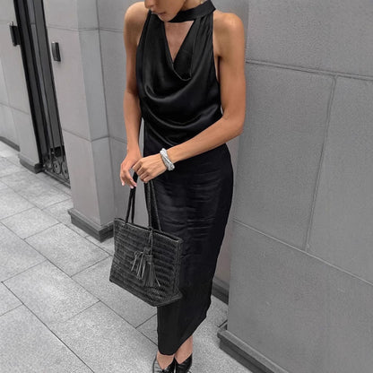 Women’s Halter Neck Dress – Satin Midi – Bodycon Fit – Draped Cowl Neck – Sleeveless